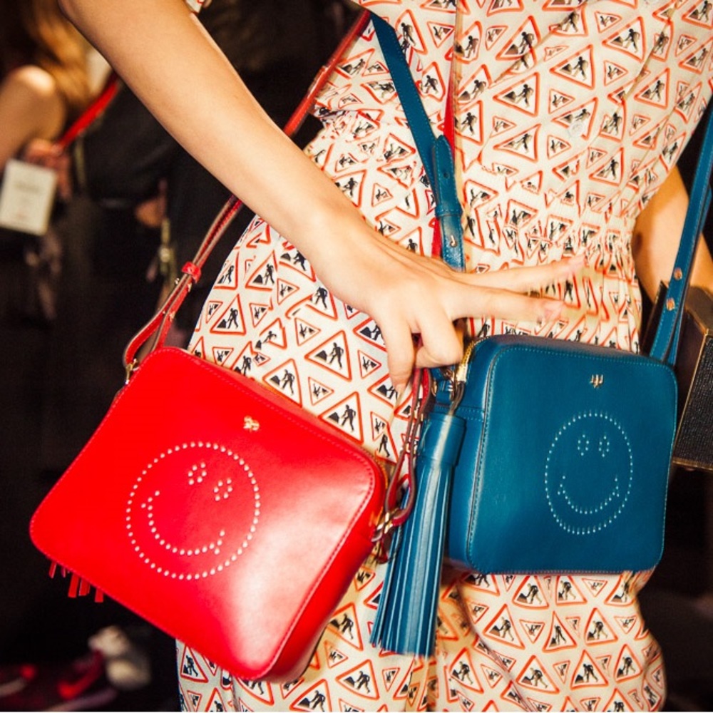 ANYA HINDMARCH Smiley Crossbody Camera Bag Petrol Blue Chunky Tassel Italy
